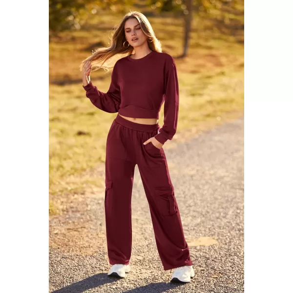 imagePRETTYGARDEN Womens Fall 2 Piece Outfits Sweatsuits Sets Long Sleeve Crop Tops Sweatshirt Wide Leg Cargo Pants with PocketsWine Red