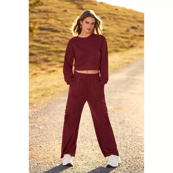 imagePRETTYGARDEN Womens Fall 2 Piece Outfits Sweatsuits Sets Long Sleeve Crop Tops Sweatshirt Wide Leg Cargo Pants with PocketsWine Red