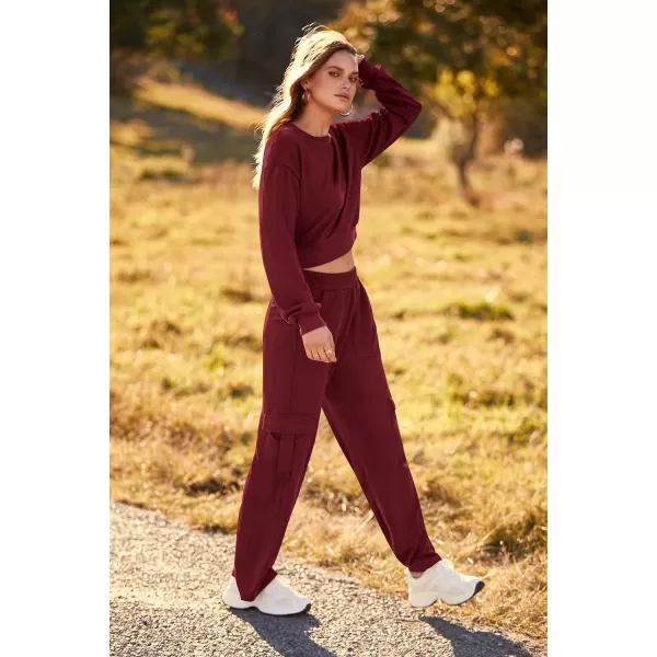 imagePRETTYGARDEN Womens Fall 2 Piece Outfits Sweatsuits Sets Long Sleeve Crop Tops Sweatshirt Wide Leg Cargo Pants with PocketsWine Red