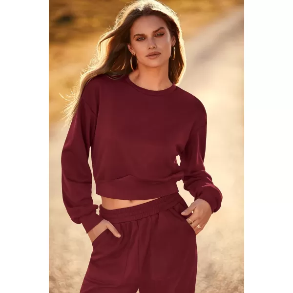 imagePRETTYGARDEN Womens Fall 2 Piece Outfits Sweatsuits Sets Long Sleeve Crop Tops Sweatshirt Wide Leg Cargo Pants with PocketsWine Red