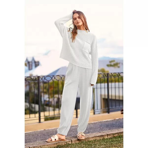 imagePRETTYGARDEN Womens Fall 2 Piece Sweater Set Casual Pullover Top High Waisted Sweatpants Tracksuit Lounge OutfitsBeige White