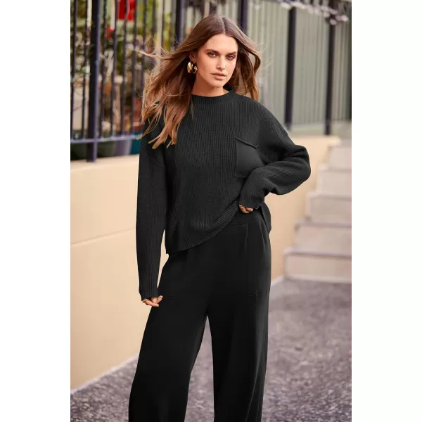 imagePRETTYGARDEN Womens Fall 2 Piece Sweater Set Casual Pullover Top High Waisted Sweatpants Tracksuit Lounge OutfitsBlack