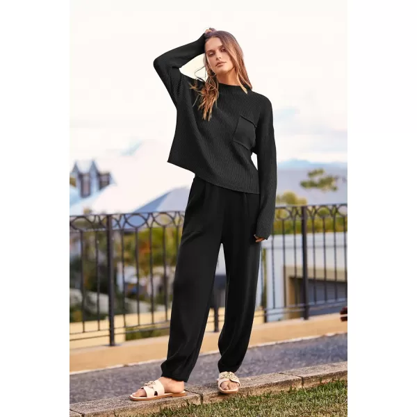 imagePRETTYGARDEN Womens Fall 2 Piece Sweater Set Casual Pullover Top High Waisted Sweatpants Tracksuit Lounge OutfitsBlack