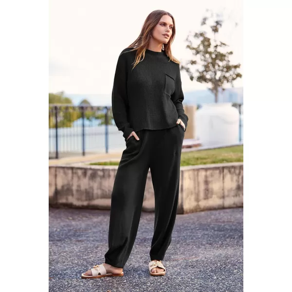 imagePRETTYGARDEN Womens Fall 2 Piece Sweater Set Casual Pullover Top High Waisted Sweatpants Tracksuit Lounge OutfitsBlack