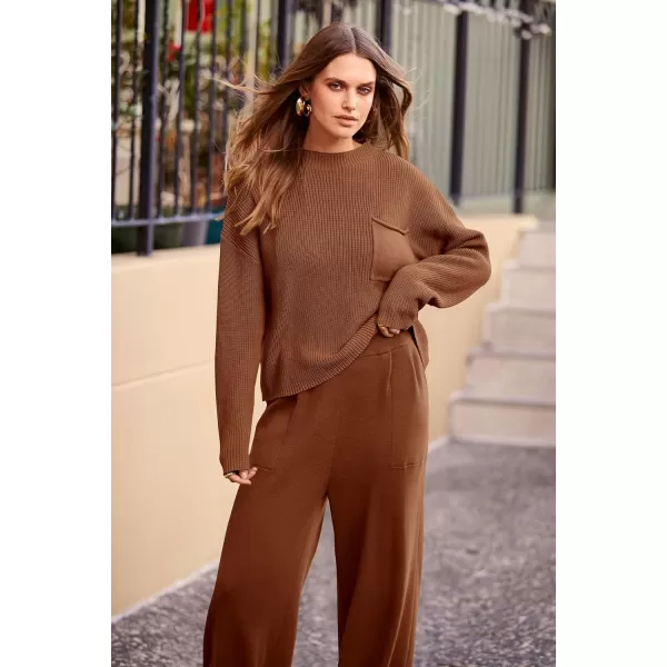 imagePRETTYGARDEN Womens Fall 2 Piece Sweater Set Casual Pullover Top High Waisted Sweatpants Tracksuit Lounge OutfitsBrown