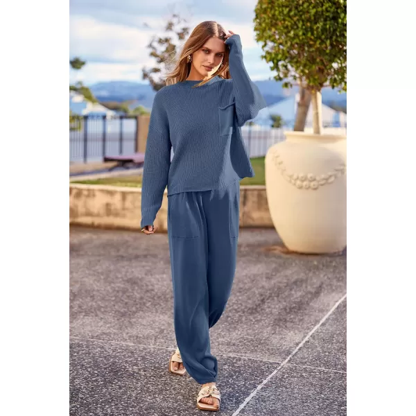 imagePRETTYGARDEN Womens Fall 2 Piece Sweater Set Casual Pullover Top High Waisted Sweatpants Tracksuit Lounge OutfitsDark Blue