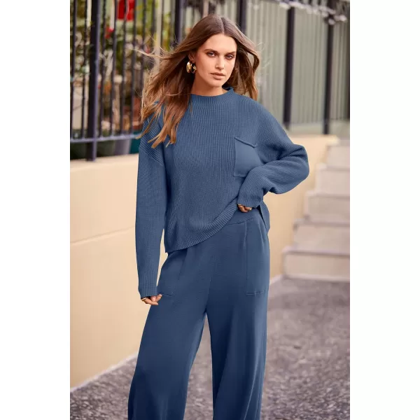 imagePRETTYGARDEN Womens Fall 2 Piece Sweater Set Casual Pullover Top High Waisted Sweatpants Tracksuit Lounge OutfitsDark Blue