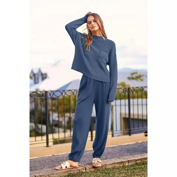 imagePRETTYGARDEN Womens Fall 2 Piece Sweater Set Casual Pullover Top High Waisted Sweatpants Tracksuit Lounge OutfitsDark Blue