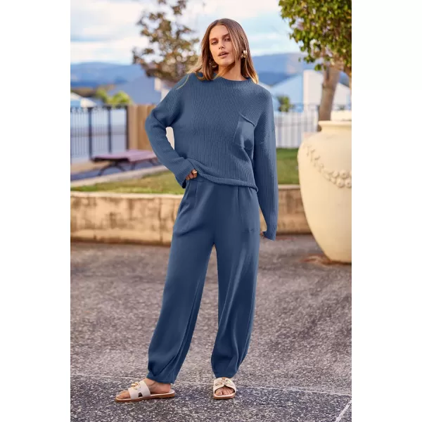 imagePRETTYGARDEN Womens Fall 2 Piece Sweater Set Casual Pullover Top High Waisted Sweatpants Tracksuit Lounge OutfitsDark Blue