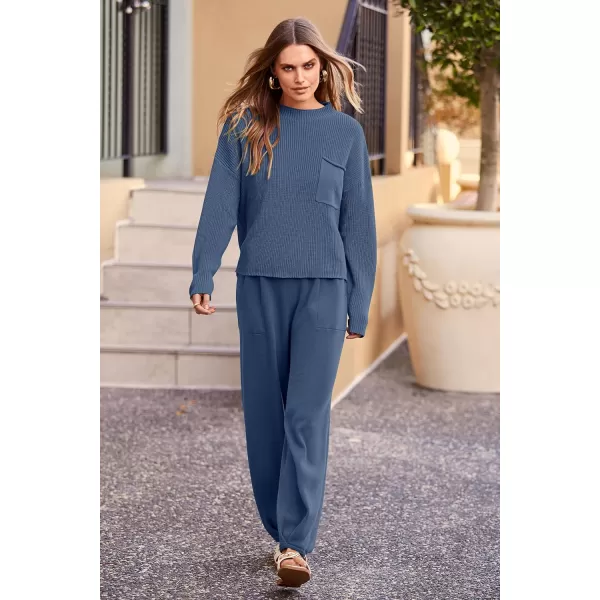 imagePRETTYGARDEN Womens Fall 2 Piece Sweater Set Casual Pullover Top High Waisted Sweatpants Tracksuit Lounge OutfitsDark Blue