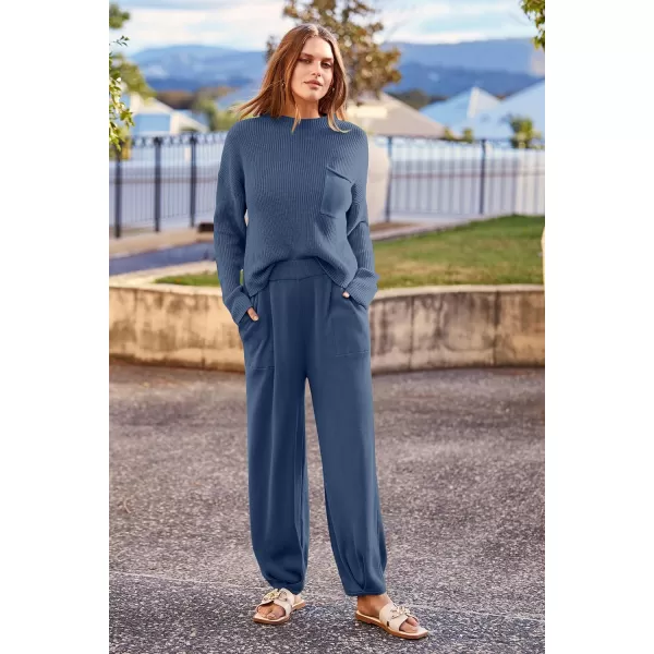 imagePRETTYGARDEN Womens Fall 2 Piece Sweater Set Casual Pullover Top High Waisted Sweatpants Tracksuit Lounge OutfitsDark Blue