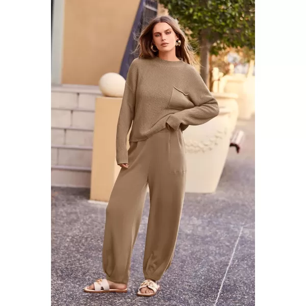 imagePRETTYGARDEN Womens Fall 2 Piece Sweater Set Casual Pullover Top High Waisted Sweatpants Tracksuit Lounge OutfitsKhaki