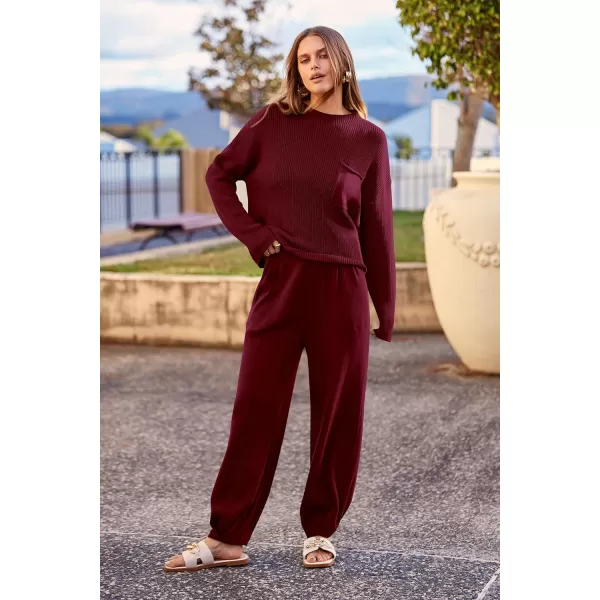 imagePRETTYGARDEN Womens Fall 2 Piece Sweater Set Casual Pullover Top High Waisted Sweatpants Tracksuit Lounge OutfitsWine Red