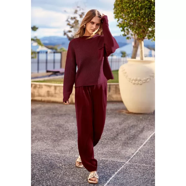 imagePRETTYGARDEN Womens Fall 2 Piece Sweater Set Casual Pullover Top High Waisted Sweatpants Tracksuit Lounge OutfitsWine Red