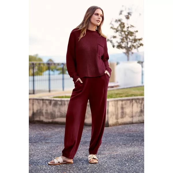 imagePRETTYGARDEN Womens Fall 2 Piece Sweater Set Casual Pullover Top High Waisted Sweatpants Tracksuit Lounge OutfitsWine Red
