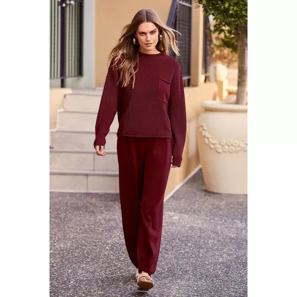 imagePRETTYGARDEN Womens Fall 2 Piece Sweater Set Casual Pullover Top High Waisted Sweatpants Tracksuit Lounge OutfitsWine Red