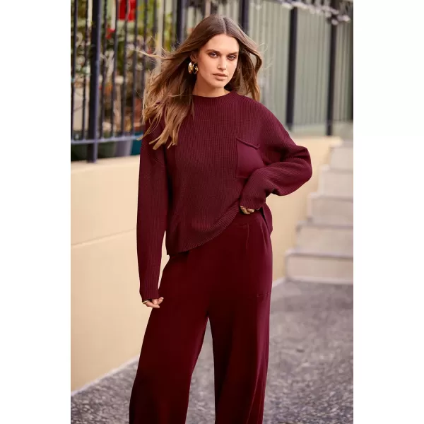 imagePRETTYGARDEN Womens Fall 2 Piece Sweater Set Casual Pullover Top High Waisted Sweatpants Tracksuit Lounge OutfitsWine Red
