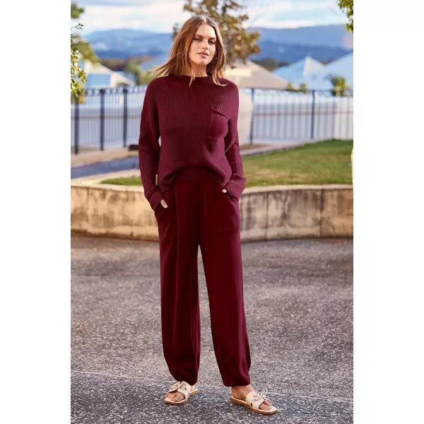 imagePRETTYGARDEN Womens Fall 2 Piece Sweater Set Casual Pullover Top High Waisted Sweatpants Tracksuit Lounge OutfitsWine Red