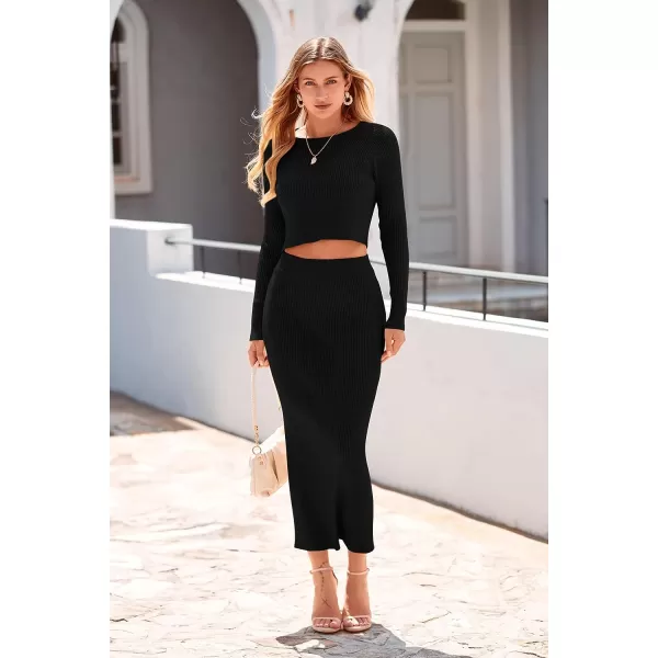 imagePRETTYGARDEN Womens Fall 2 Piece Sweater Set Rib Knit Long Sleeve Crop Top Maxi Bodycon Skirt Casual Outfits DressBlack