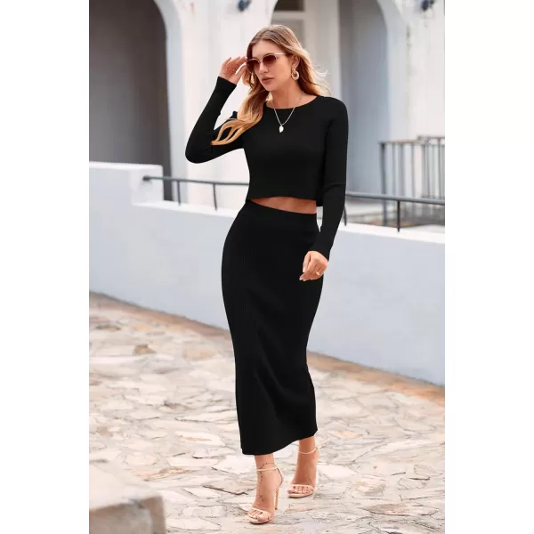 imagePRETTYGARDEN Womens Fall 2 Piece Sweater Set Rib Knit Long Sleeve Crop Top Maxi Bodycon Skirt Casual Outfits DressBlack