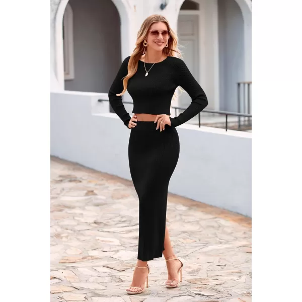 imagePRETTYGARDEN Womens Fall 2 Piece Sweater Set Rib Knit Long Sleeve Crop Top Maxi Bodycon Skirt Casual Outfits DressBlack