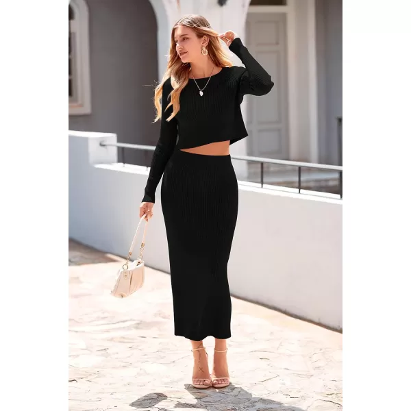 imagePRETTYGARDEN Womens Fall 2 Piece Sweater Set Rib Knit Long Sleeve Crop Top Maxi Bodycon Skirt Casual Outfits DressBlack