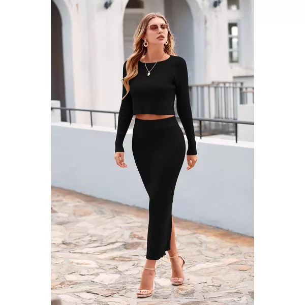 imagePRETTYGARDEN Womens Fall 2 Piece Sweater Set Rib Knit Long Sleeve Crop Top Maxi Bodycon Skirt Casual Outfits DressBlack