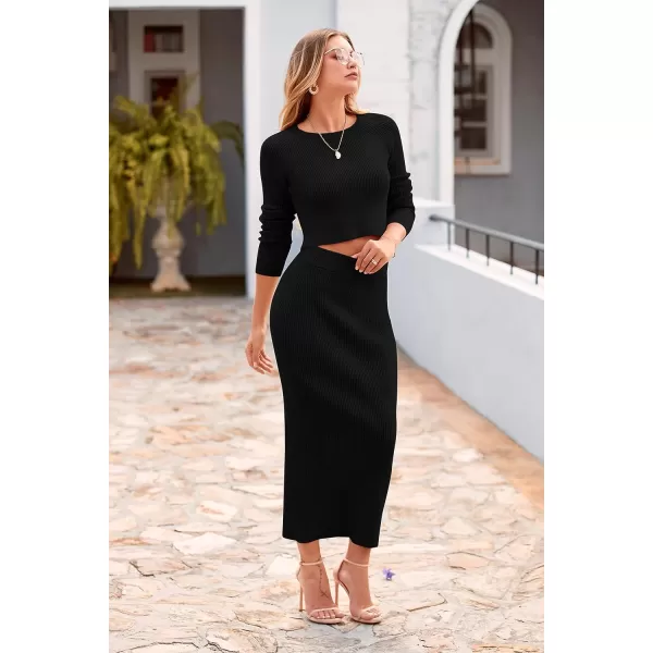 imagePRETTYGARDEN Womens Fall 2 Piece Sweater Set Rib Knit Long Sleeve Crop Top Maxi Bodycon Skirt Casual Outfits DressBlack