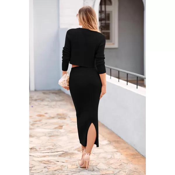 imagePRETTYGARDEN Womens Fall 2 Piece Sweater Set Rib Knit Long Sleeve Crop Top Maxi Bodycon Skirt Casual Outfits DressBlack