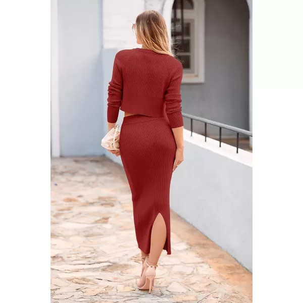 imagePRETTYGARDEN Womens Fall 2 Piece Sweater Set Rib Knit Long Sleeve Crop Top Maxi Bodycon Skirt Casual Outfits DressBrick Red