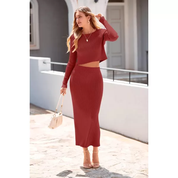 imagePRETTYGARDEN Womens Fall 2 Piece Sweater Set Rib Knit Long Sleeve Crop Top Maxi Bodycon Skirt Casual Outfits DressBrick Red