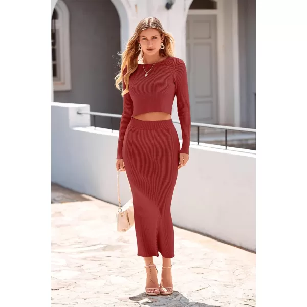 imagePRETTYGARDEN Womens Fall 2 Piece Sweater Set Rib Knit Long Sleeve Crop Top Maxi Bodycon Skirt Casual Outfits DressBrick Red
