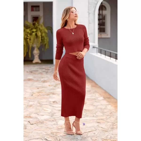 imagePRETTYGARDEN Womens Fall 2 Piece Sweater Set Rib Knit Long Sleeve Crop Top Maxi Bodycon Skirt Casual Outfits DressBrick Red