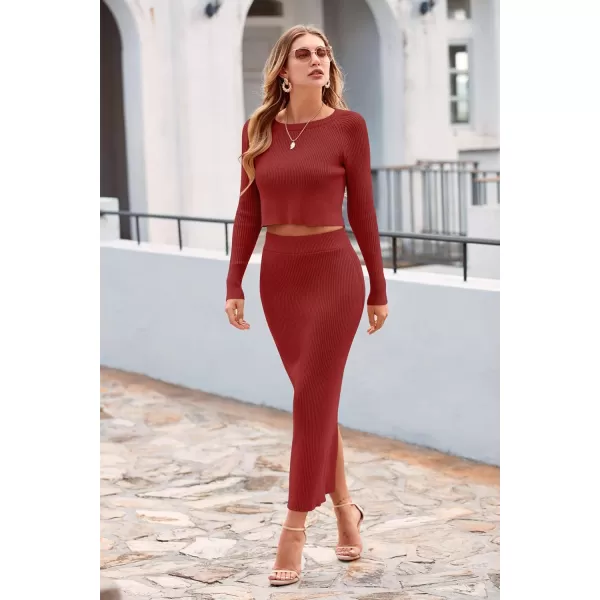 imagePRETTYGARDEN Womens Fall 2 Piece Sweater Set Rib Knit Long Sleeve Crop Top Maxi Bodycon Skirt Casual Outfits DressBrick Red
