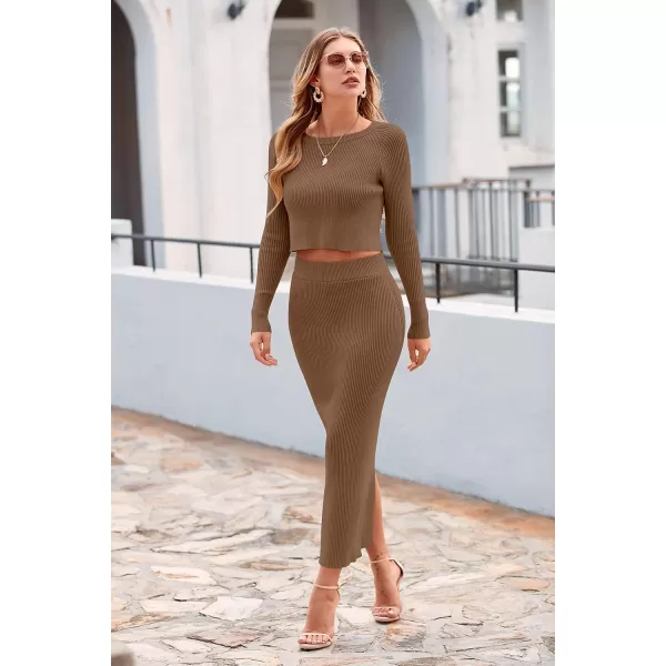 imagePRETTYGARDEN Womens Fall 2 Piece Sweater Set Rib Knit Long Sleeve Crop Top Maxi Bodycon Skirt Casual Outfits DressBrown
