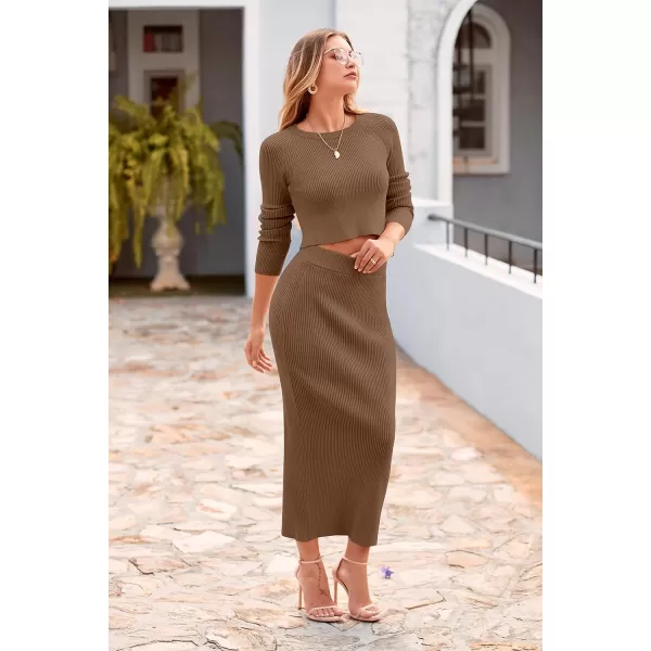 imagePRETTYGARDEN Womens Fall 2 Piece Sweater Set Rib Knit Long Sleeve Crop Top Maxi Bodycon Skirt Casual Outfits DressBrown