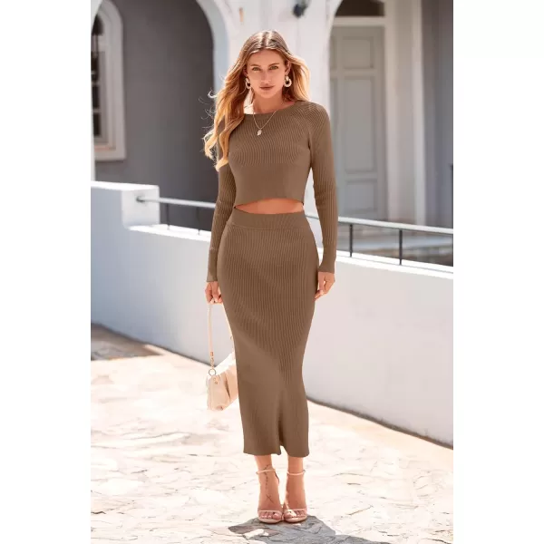 imagePRETTYGARDEN Womens Fall 2 Piece Sweater Set Rib Knit Long Sleeve Crop Top Maxi Bodycon Skirt Casual Outfits DressBrown