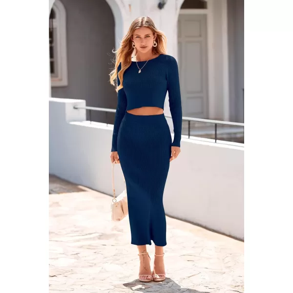 imagePRETTYGARDEN Womens Fall 2 Piece Sweater Set Rib Knit Long Sleeve Crop Top Maxi Bodycon Skirt Casual Outfits DressDark Blue