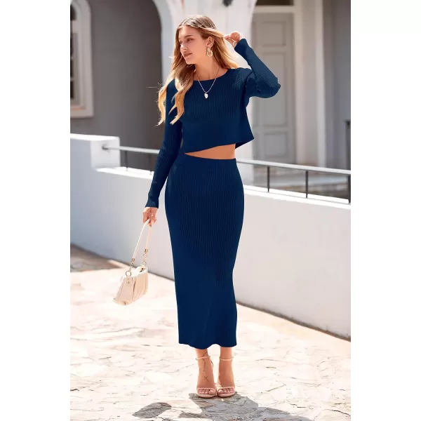 imagePRETTYGARDEN Womens Fall 2 Piece Sweater Set Rib Knit Long Sleeve Crop Top Maxi Bodycon Skirt Casual Outfits DressDark Blue