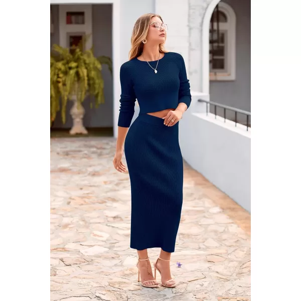 imagePRETTYGARDEN Womens Fall 2 Piece Sweater Set Rib Knit Long Sleeve Crop Top Maxi Bodycon Skirt Casual Outfits DressDark Blue