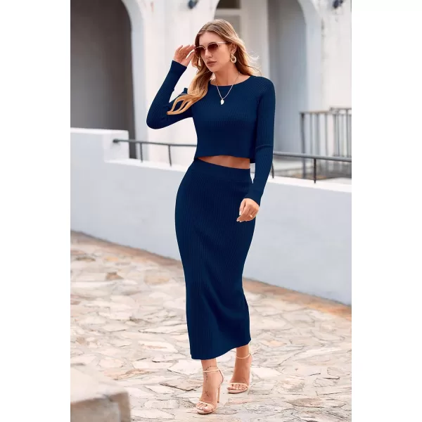 imagePRETTYGARDEN Womens Fall 2 Piece Sweater Set Rib Knit Long Sleeve Crop Top Maxi Bodycon Skirt Casual Outfits DressDark Blue