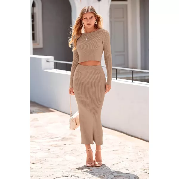 imagePRETTYGARDEN Womens Fall 2 Piece Sweater Set Rib Knit Long Sleeve Crop Top Maxi Bodycon Skirt Casual Outfits DressKhaki