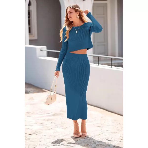 imagePRETTYGARDEN Womens Fall 2 Piece Sweater Set Rib Knit Long Sleeve Crop Top Maxi Bodycon Skirt Casual Outfits DressLake Blue