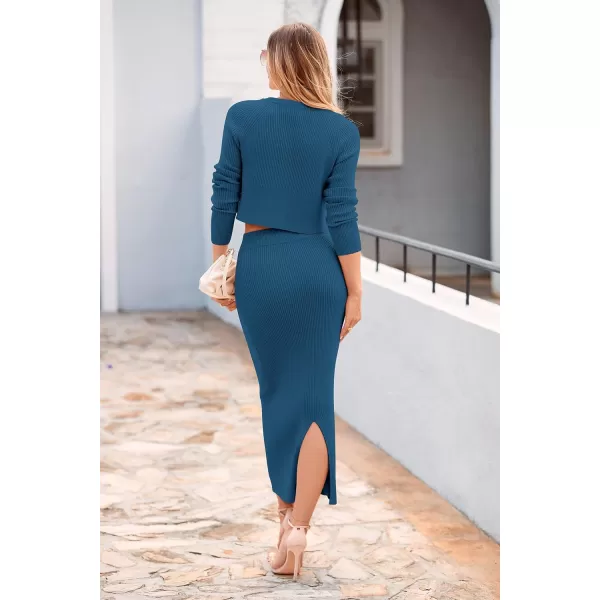 imagePRETTYGARDEN Womens Fall 2 Piece Sweater Set Rib Knit Long Sleeve Crop Top Maxi Bodycon Skirt Casual Outfits DressLake Blue