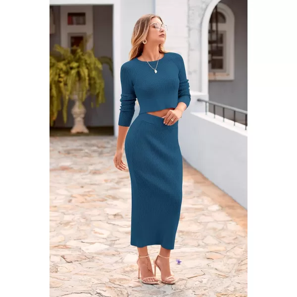 imagePRETTYGARDEN Womens Fall 2 Piece Sweater Set Rib Knit Long Sleeve Crop Top Maxi Bodycon Skirt Casual Outfits DressLake Blue