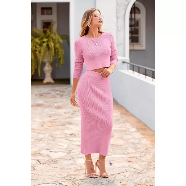 imagePRETTYGARDEN Womens Fall 2 Piece Sweater Set Rib Knit Long Sleeve Crop Top Maxi Bodycon Skirt Casual Outfits DressPink