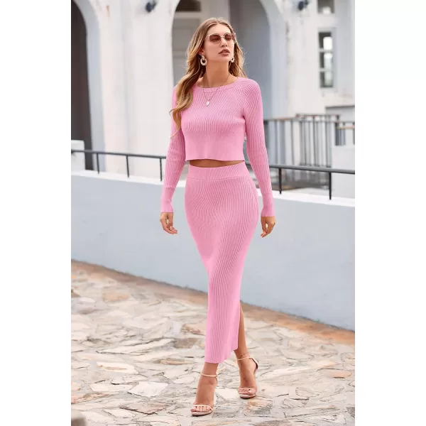 imagePRETTYGARDEN Womens Fall 2 Piece Sweater Set Rib Knit Long Sleeve Crop Top Maxi Bodycon Skirt Casual Outfits DressPink