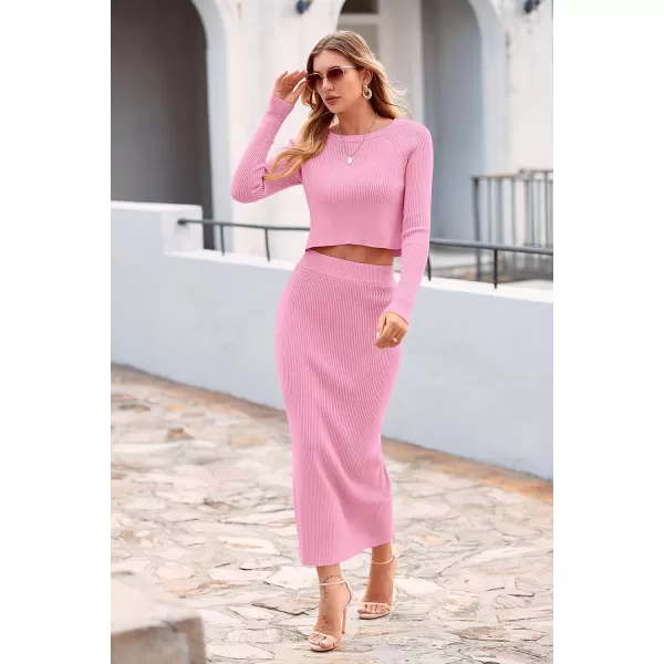 imagePRETTYGARDEN Womens Fall 2 Piece Sweater Set Rib Knit Long Sleeve Crop Top Maxi Bodycon Skirt Casual Outfits DressPink