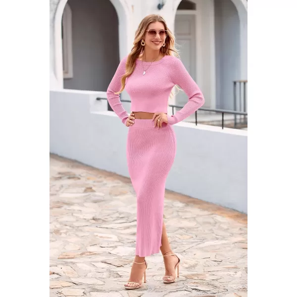 imagePRETTYGARDEN Womens Fall 2 Piece Sweater Set Rib Knit Long Sleeve Crop Top Maxi Bodycon Skirt Casual Outfits DressPink