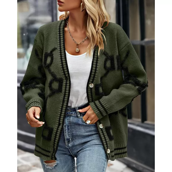imagePRETTYGARDEN Womens Fall Chunky Knit Cardigan Sweaters Casual Open Front Button Up Winter Coats OuterwearArmy Green Black